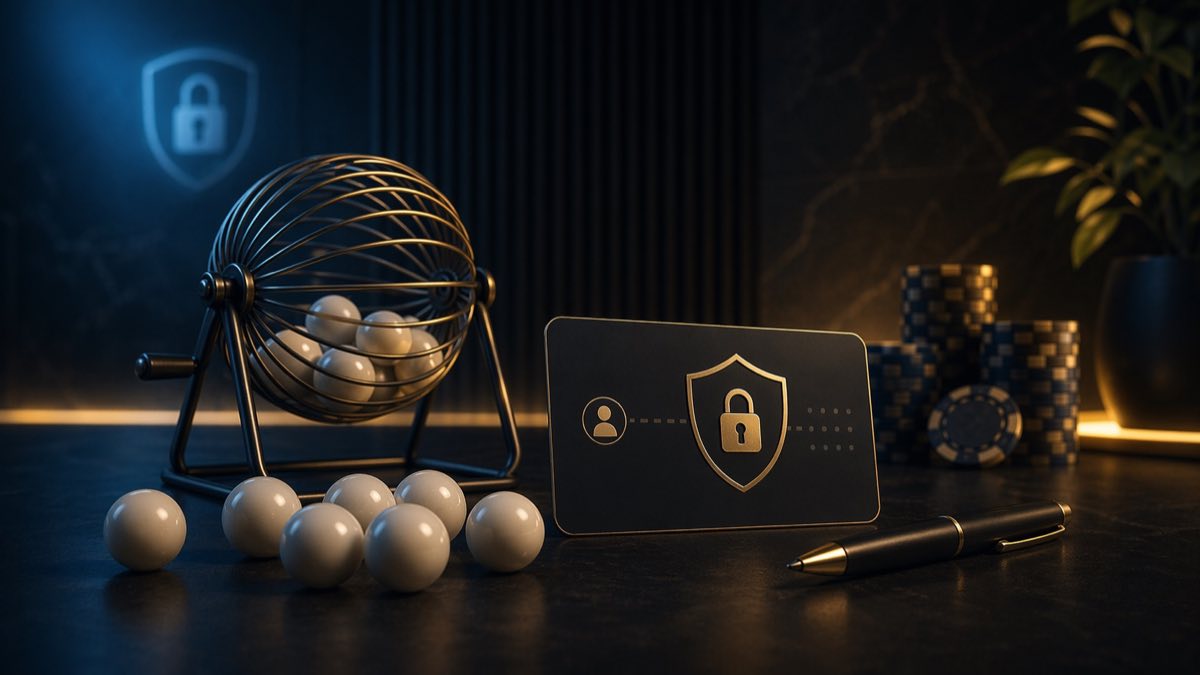 Headerbillede med lotterikugler, låsemotiv og casinochips for Lotto og ROFUS