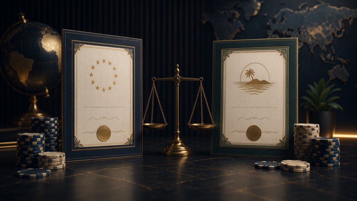 Headerbillede med to licensdokumenter og casinochips for sammenligning af MGA og Curaçao licens