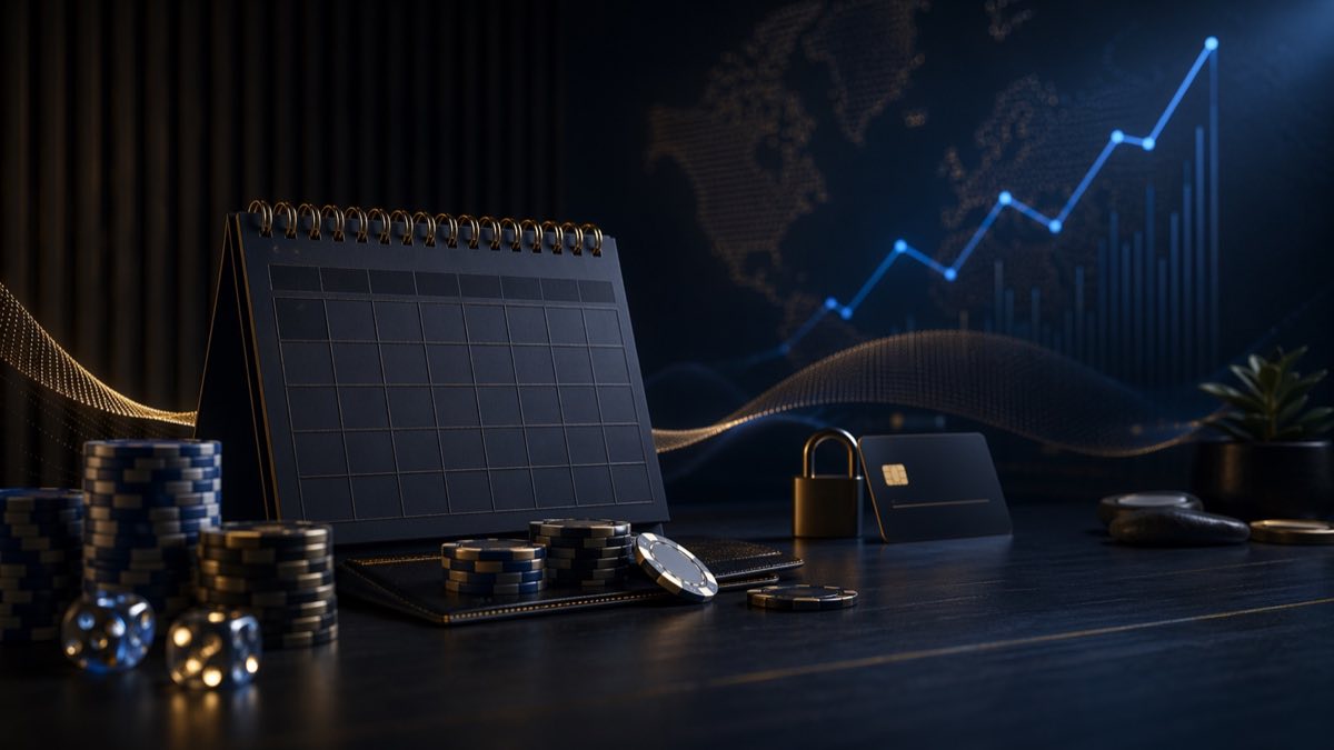 Headerbillede med trendlinje, kalenderformer, betalingskort og casinochips for spillemarkedet i 2026